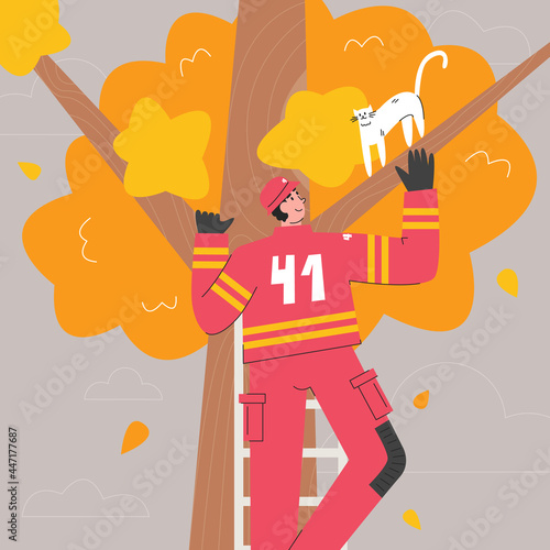 Young adult firefighter in uniform saving cat. Fireman standing on ladder of fire truck for catching home animal from tree. Male character is extinguisher personal protection. Vector flat illustration