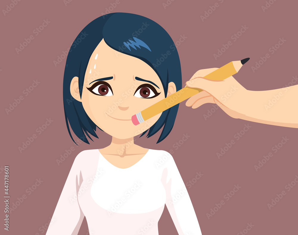 Male hand holding big pencil erasing woman mouth silence concept Male hand holding big pencil erasing woman mouth silence concept