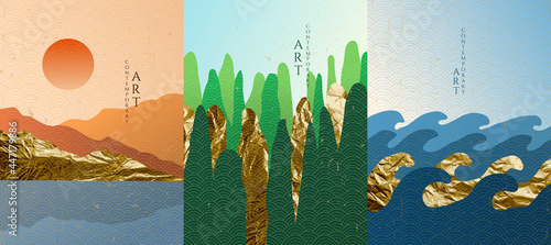 Vector illustration. Abstract landscape. Mountains, hills, sea wave. Japanese wavy pattern. Backgrounds set. Asian style. Design for poster, book cover, web template, brochure. Gold foil texture
