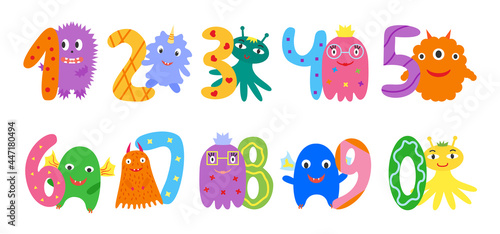 Numbers and funny cute monsters one two three four five six seven eight nine zero cartoon flat colored cute abstract set. Design element for birthday greeting card and other anniversaries decor