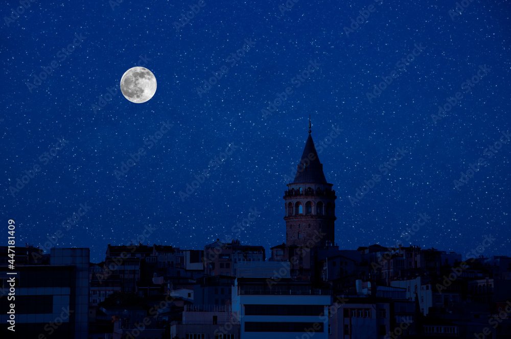 Naklejka premium Silhouette of Galata tower . Istanbul at night. Turkey.
