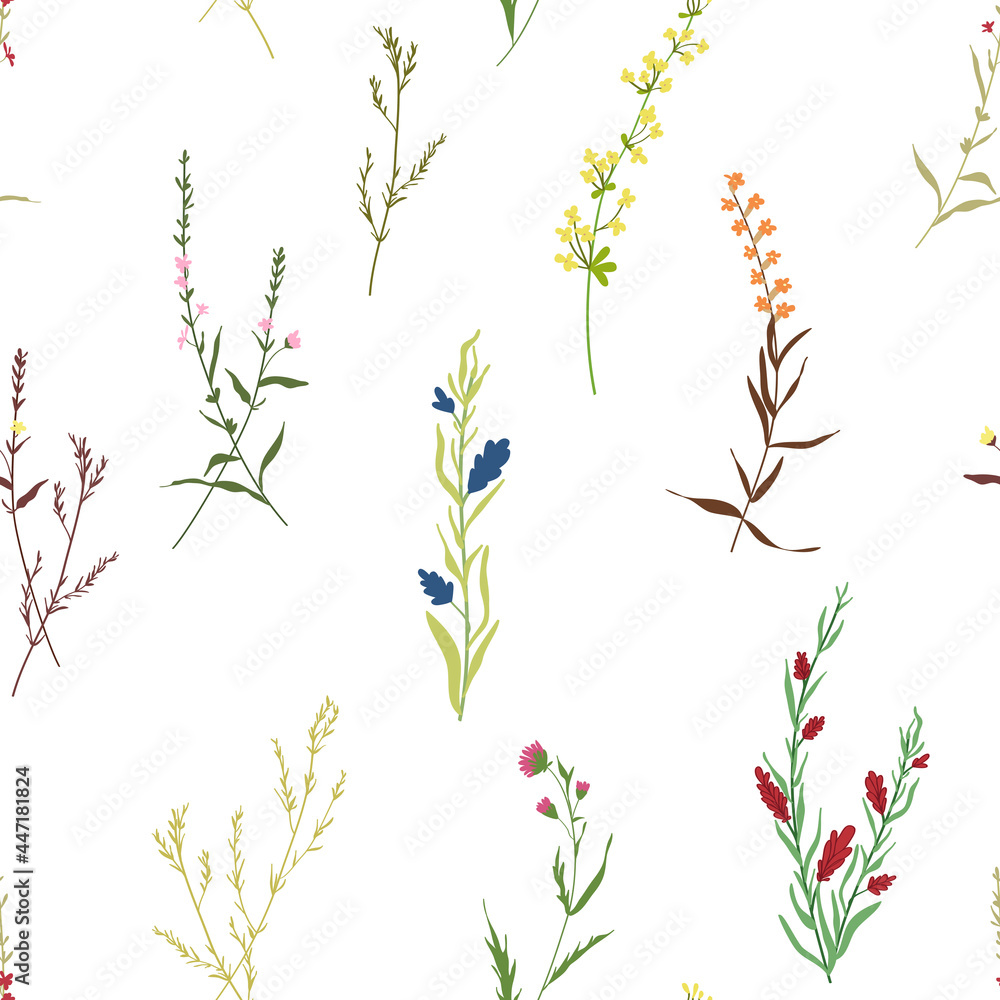 Blossom floral seamless pattern. Blooming botanical motifs scattered random. Trendy colorful vector texture. Fashion, ditsy print, fabric. Hand drawn different wild meadow flowers on white background