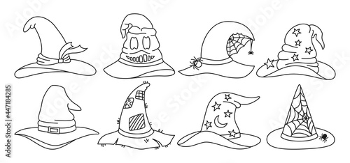 Witch hat Halloween contour doodle set. Party line magic hats, horror wizard headdress celebrate element. Scary cap with buckle. Design symbol costume element Halloween. Isolated vector illustration