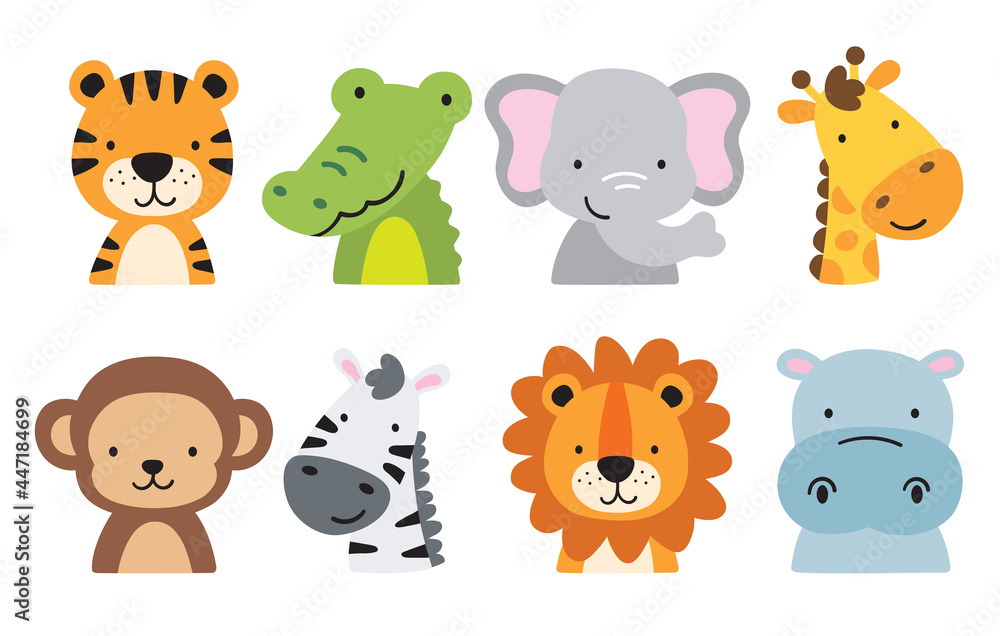 Fototapeta premium Cute wild safari jungle animals including a tiger, crocodile, alligator, elephant, giraffe, monkey, zebra, lion, and hippo. Vector illustration of jungle animal faces and heads.