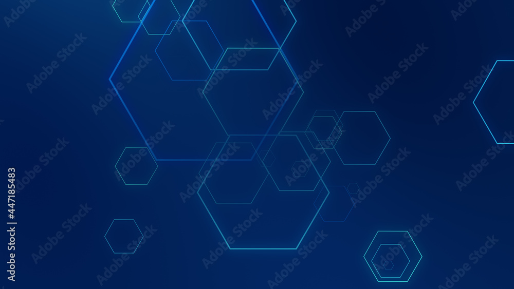 Fototapeta premium Hexagon geometric blue neon lights technology Hi-tech dark background. Abstract graphic digital future science concept design.
