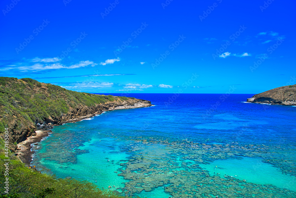 Tourists play in the water at the beach of Oahu. It is a natural bay. Hawaii, USA. June 2019 . Tourists play in the water at the beach of Oahu. It is a natural bay. Hawaii, USA. June 2019 .