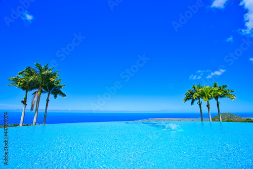 Fototapeta Naklejka Na Ścianę i Meble -  Tropical blue sea, blue sky and green palm trees. Relaxing vacation destination. The beautiful scenery of Hawaii beaches in the United States. 2019