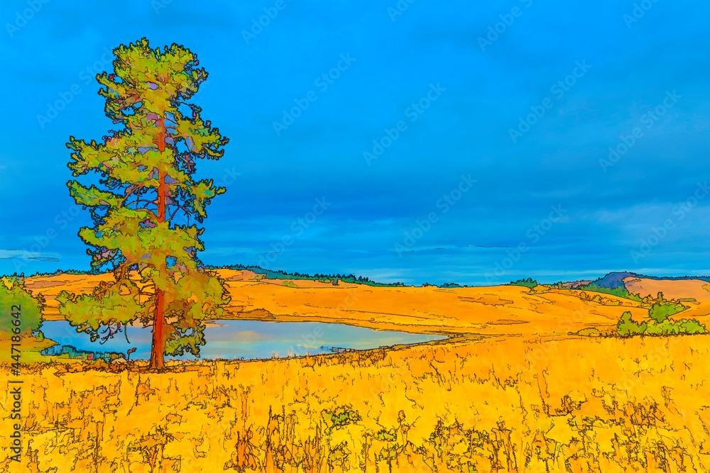 A pond in the middle of a meadow with hills and yellow grass.