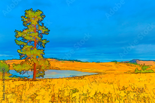 Obraz na płótnie A pond in the middle of a meadow with hills and yellow grass. w salonie
