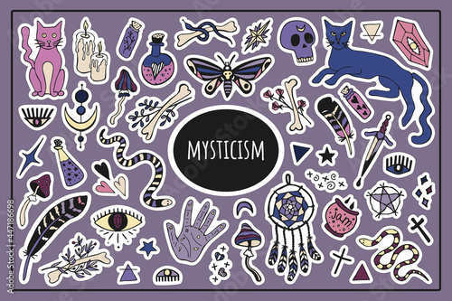 Big  mysticism set vector isolated stickers. Mystical items, witchcraft, spiritism, divination. Hand drawn colored doodle. Halloween.