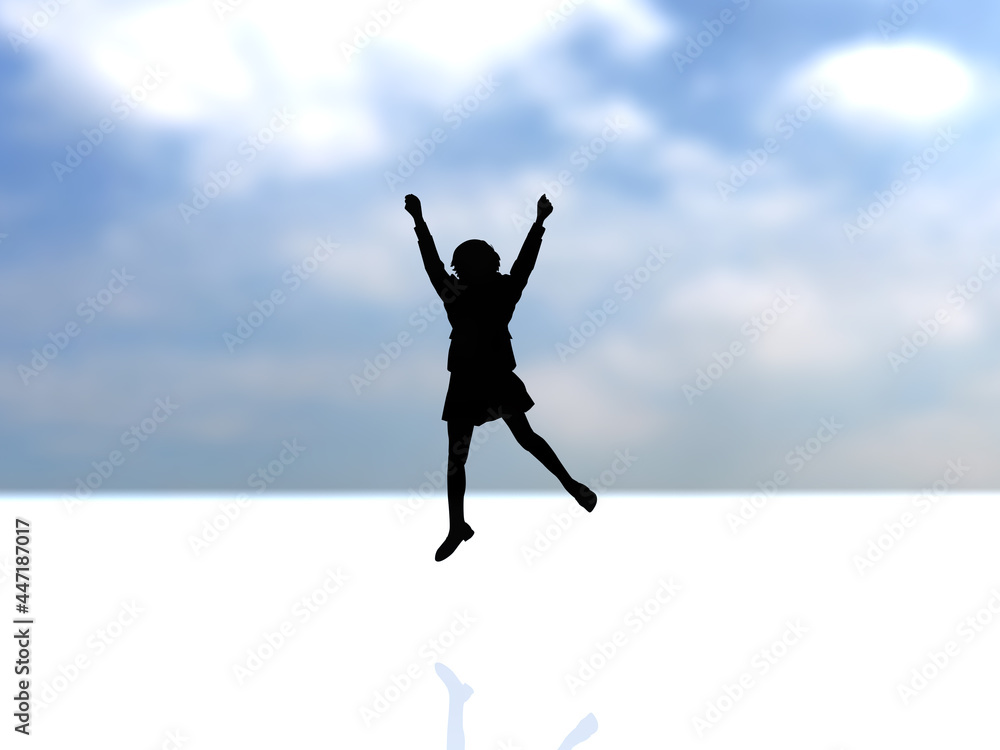 日本　ジャンプする女子学生シルエット2　黒　横