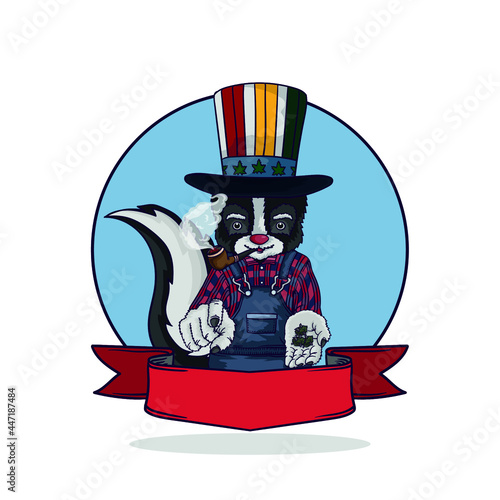 A skunk with an  hat and smoking pipe in his mouth
