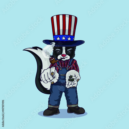 A skunk with an Uncle Sam hat and smoking pipe in his mouth