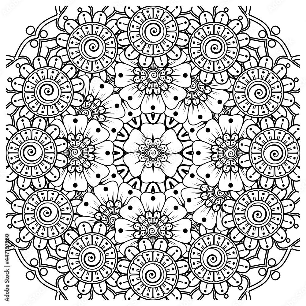 Mehndi flower for henna, mehndi, tattoo, decoration. decorative ornament in ethnic oriental style. doodle ornament. coloring book page. Mehndi flower for henna, mehndi, tattoo, decoration. decorative ornament in ethnic oriental style. doodle ornament. coloring book page.