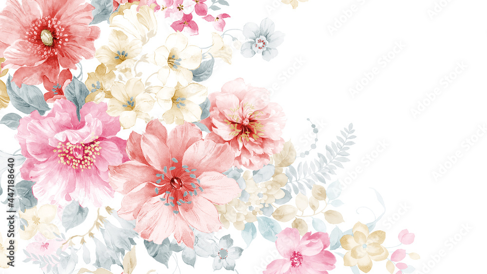 Fototapeta premium Beautiful watercolor roses and peony flowers