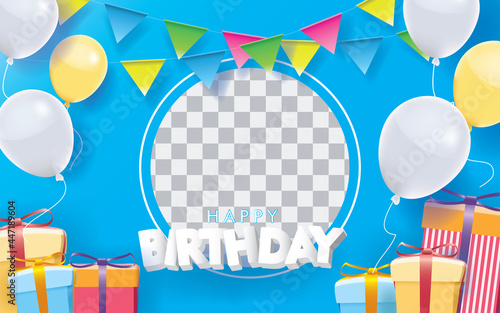 Happy Birthday Card with Photo Slot on Blue Background. 3D sign, greeting, congratulations design