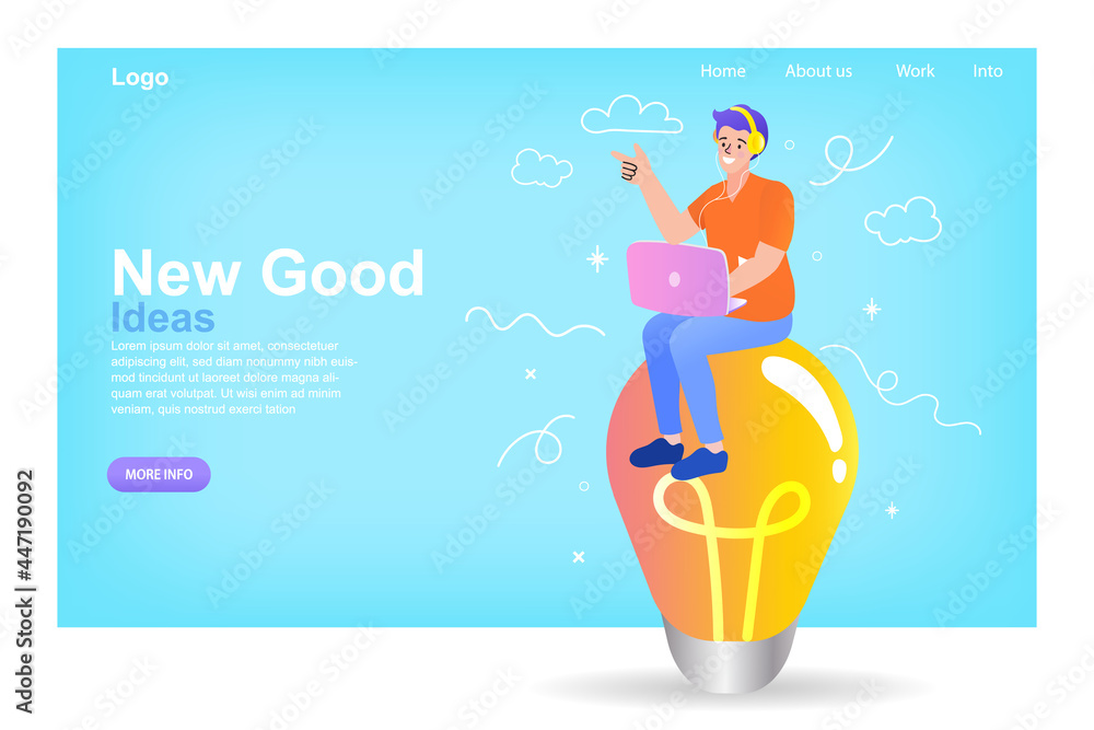 Fototapeta premium Man sitting on large light bulb. Idea, innovation, solution concept. Businessman pointing finger means having a good idea for a business start vector illustration.