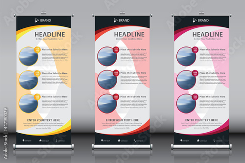 Roll up banner design template vector with 3 images and three titles. Information advertisement X-banner and Street Business Flag Exhibition banner. Yellow Red Pink color 3 in 1 EPS 10 editable vector
