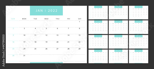 Calendar 2022 week start Sunday corporate design planner template.