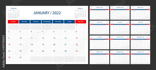 Calendar 2022 week start Sunday corporate design planner template.