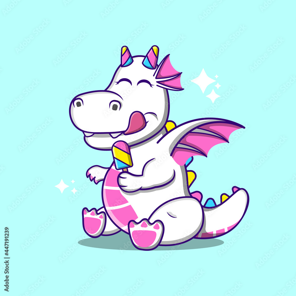 Cute Dragon Eating Ice Cream Cartoon Vector Icon Illustration.