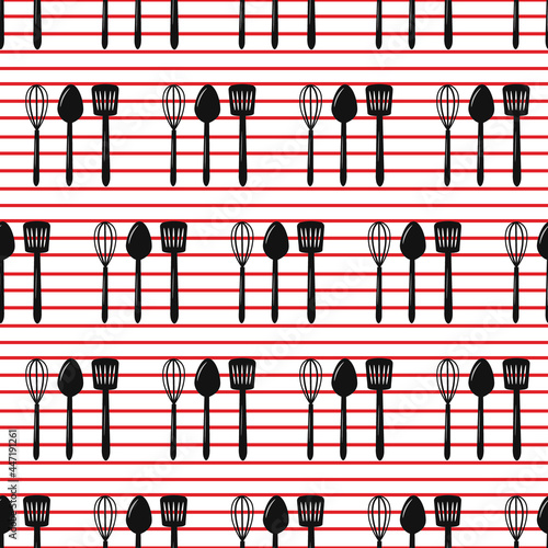 Pattern with kitchen tools - whisk, spatula, spoon. White background with red stripes. Vector illustration. For menus, cafes and restaurants, flyers, prints and packaging, crockery shops, fabrics