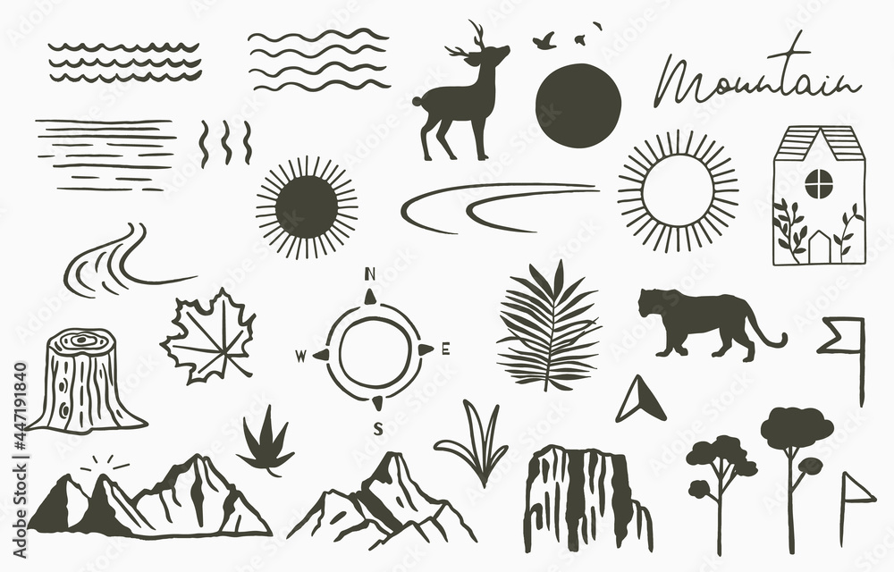 Black line natural with mountain,river,tree,sun,deer,tiger Black line natural with mountain,river,tree,sun,deer,tiger