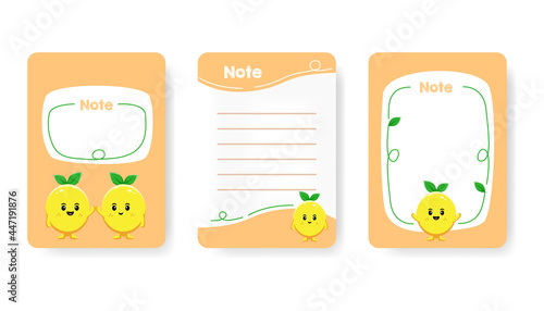 Collection of cute childish appointment notebook page vector flat illustration. Colorful to do list, reminder and blank page with cute lemon character