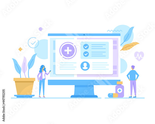 Digital health. Vector illustration. People and computer with medical website. Online medicine, internet medical services, online healthcare, medical technology concepts