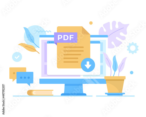 PDF file icon on computer screen. PDF icon. Vector illustration. Download PDF document concepts