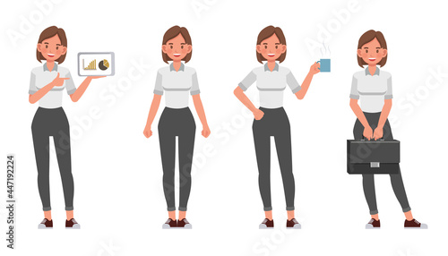 Businesswoman working in office character vector design. Presentation in various action.
