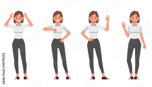 Businesswoman working in office character vector design. Presentation in various action.