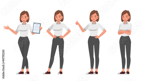 Businesswoman working in office character vector design. Presentation in various action.