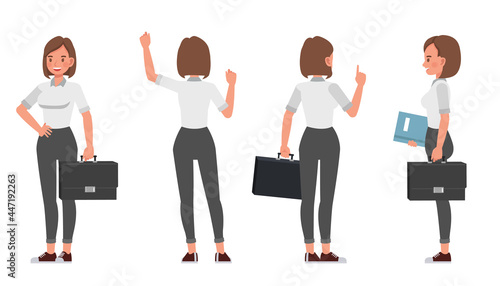 Businesswoman working in office character vector design. Presentation in various action.