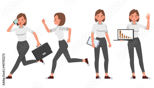 Businesswoman working in office character vector design. Presentation in various action.
