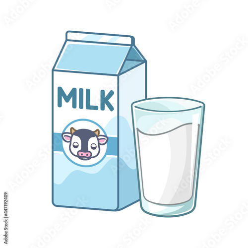 Tall glass of milk and milk carton box clipart. Cute simple flat vector illustration design. Vanilla flavor yogurt dairy drink print, sticker, infographic element etc.