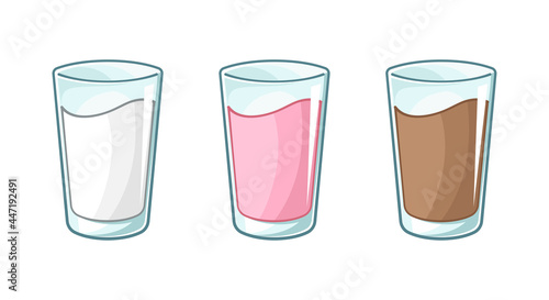 Glass of milk clipart vector illustration set. Vanilla milk, Chocolate milk and Strawberry milk in tall glass cup.