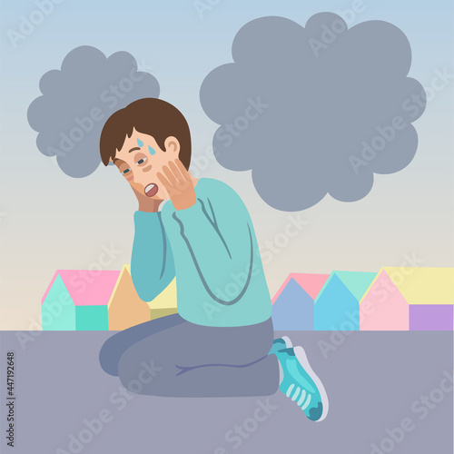 Scared young man with panic attack and agoraphobia, sitting on the street with his head in his hands. Vector illustration