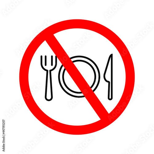 vector illustration of single spoon  fork and plate icon with red line prohibition.