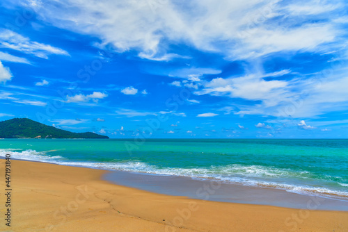 Beach and sea wave reaching coastal with soft light tropical paradise landscape. Beautiful scene of white beach turquoise ocean wave. Summer Concept.