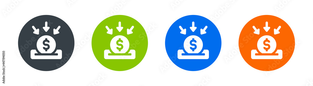 Collect money for charity vector icon. Funding a box with dollar coin deposit concept. Collect money for charity vector icon. Funding a box with dollar coin deposit concept.
