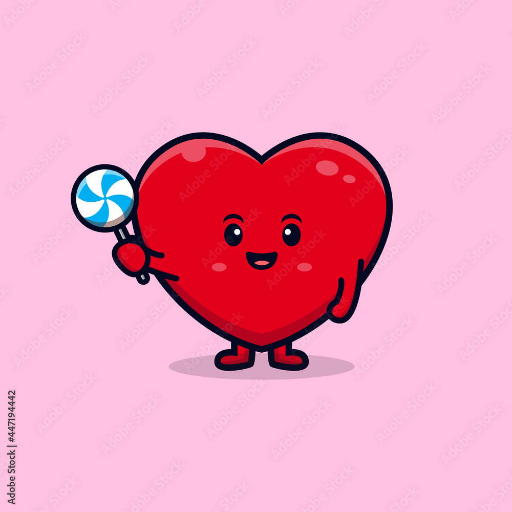 design of cute heart character holding lollipop candy flat mascot illustration design of cute heart character holding lollipop candy flat mascot illustration