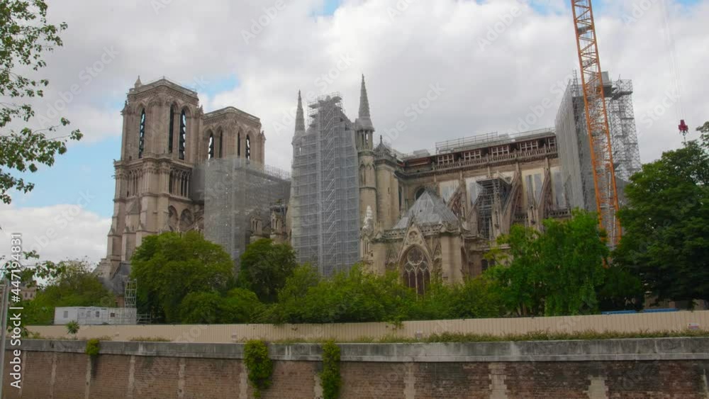 Notre-Dame de Paris cathedral under reconstruction and renovation after the fire of April 2019. Construction Site Of Fire Damaged Building Of Notre-Dame de Paris Cathedral Being Rebuilt In Paris. Notre-Dame de Paris cathedral under reconstruction and renovation after the fire of April 2019. Construction Site Of Fire Damaged Building Of Notre-Dame de Paris Cathedral Being Rebuilt In Paris.