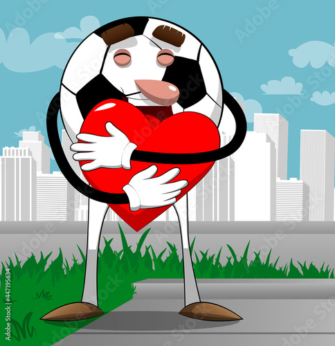 Soccer ball hugging big red heart. Traditional football ball as a cartoon character with face.
