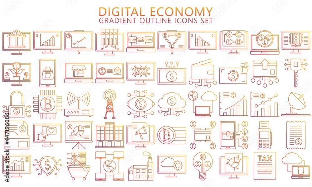 Digital Economy thin gradient outline icons set, contain such as computer, crypto currency, diagram, finance symbol, Used for modern concepts, web, UI, UX kit and applications. ready convert to SVG