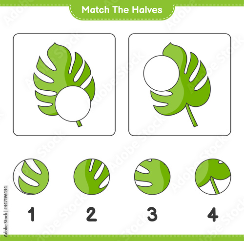 Match the halves. Match halves of Monstera. Educational children game, printable worksheet, vector illustration