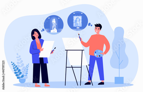 Artist behind easel thinking about portrait of woman in gallery. Painter and sculptor talking flat vector illustration. Art school, workshop concept for banner, website design or landing web page