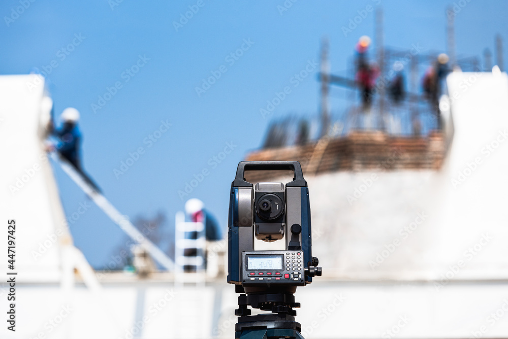 Surveying measuring instrument, Surveyors equipment, Theodolite or total positioning station camera in white background.