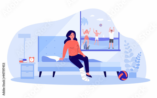 Sad woman with broken leg looking at people playing outside. Girl with leg in cast sitting on bed indoors flat vector illustration. Injury, summer concept for banner, website design or landing page