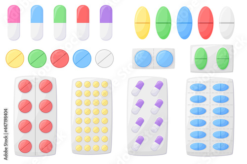 Set of cartoon colored pills and medicines in packaging. Vector illustration of pharmaceutical pills, capsules. Isolated on white background.
